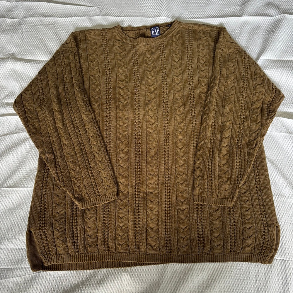 Vintage GAP Mens Cable Knit Sweater Brown Olive Crewneck 90s Relaxed Fit XL - Picture 2 of 10